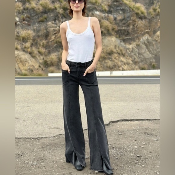 Wash Lab Denim Front Slit Straight Wide Leg Jeans size 27 Brushed Black - Picture 1 of 15